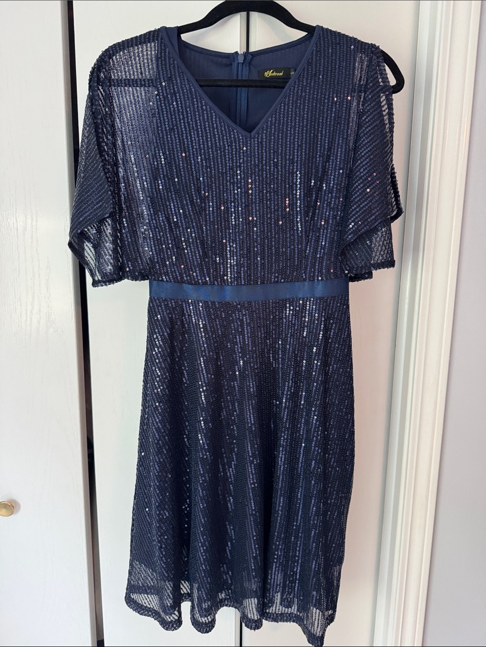 Elegant Navy Sequin V-Neck Dress